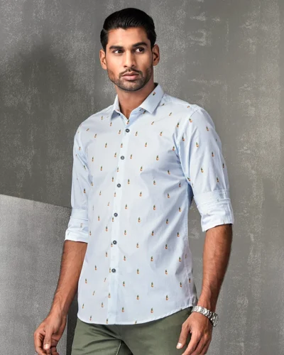 Cotton slim fit woven printed shirt  | Sky Blue