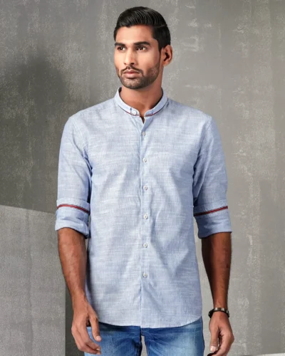Cotton slim fit woven printed shirt  | Persian Blue