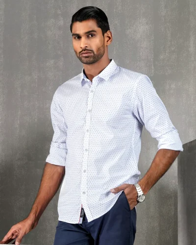 Cotton slim fit woven printed shirt  | White