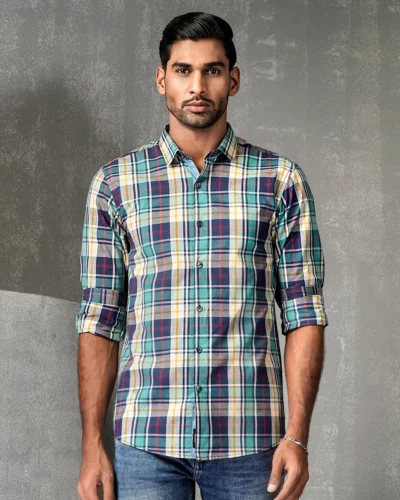 Cotton slim fit woven printed shirt  | Mint Green
