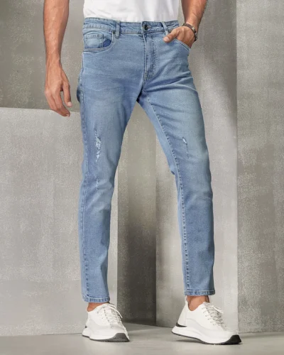 Cotton stretch slim straight fit 5 pocket jeans | Denim Blue