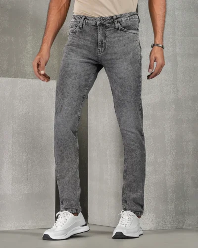 Cotton stretch slim straight fit 5 pocket jeans | Ash Black