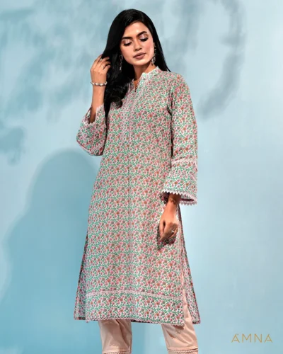 Female A-line band collar Long Kurta By AMNA | Lavender Frost
