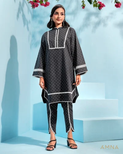 Printed cotton co-ord kurta and bottom set by AMNA | Black