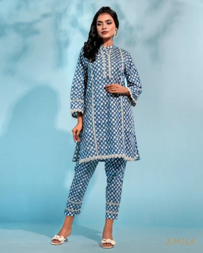 Printed cotton co-ord kurta and bottom set by AMNA | Prussian Blue