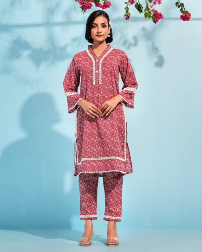 Printed cotton co-ord kurta and bottom set by AMNA | True Red