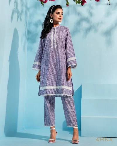 Printed cotton co-ord kurta and bottom set by AMNA | Purple