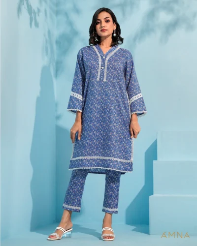 Printed cotton co-ord kurta and bottom set by AMNA | Snorkel Blue