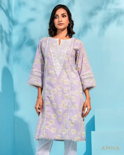 Female A-line V-Neck Long Kurta By AMNA | Lavender Mist