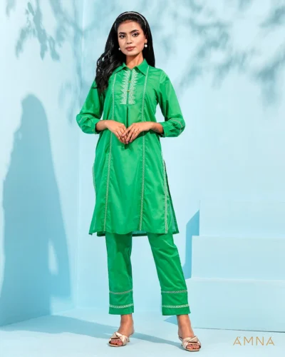 Cotton co-ord kurta and bottom set by AMNA | Green