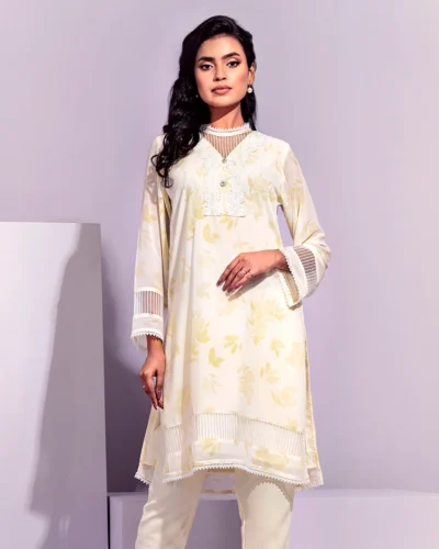 Female Round-Neck Lace & Details Short Kameez | Cream