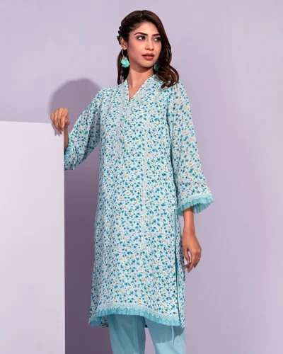 Female V- Neck Lace & Details Short Kameez | Sky Blue