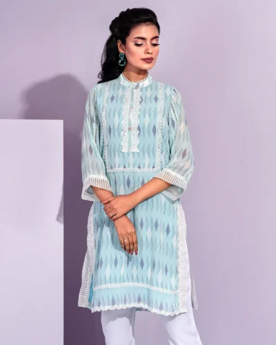Female Round Band- Neck Lace & Details Short Kameez | Blue Glass