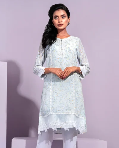 Female Front Yoke Lace Details Short Kameez | Light Sky Blue