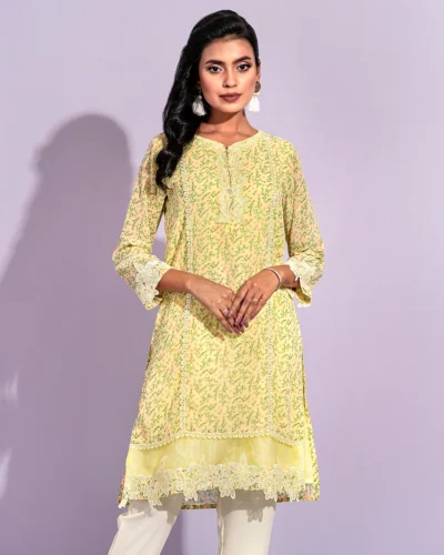 Female Front Yoke Lace Details Short Kameez | Light Yellow