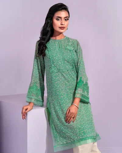 Female Yoke Lace Details & Hand Embroidery Work Short Kamiz | Russian Green