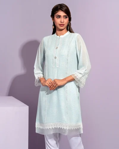 Female Front Yoke Lace Details Short Kameez | Sky