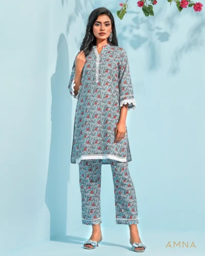 Printed cotton co-ord kurta and bottom set by AMNA | White