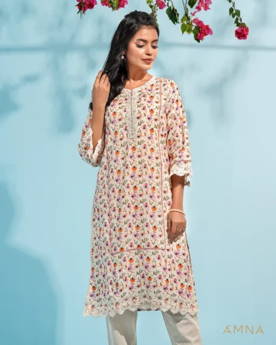 Female A-line round neck Long Kurta By AMNA | Cream