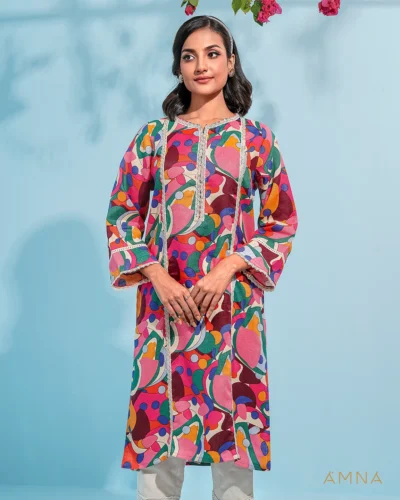 Female A-line Round Neck Long Kurta By AMNA | Pink