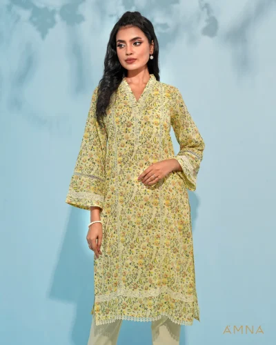 Female A-line V-Neck Long Kurta By AMNA | Light Yellow
