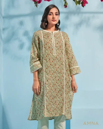 Female A-line Round Neck  long Kurta By AMNA | Cream