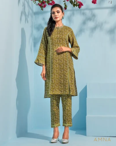 Printed cotton co-ord kurta and bottom set by AMNA | Olive Green