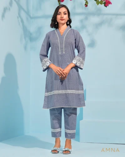 Printed cotton co-ord kurta and bottom set by AMNA | Blue