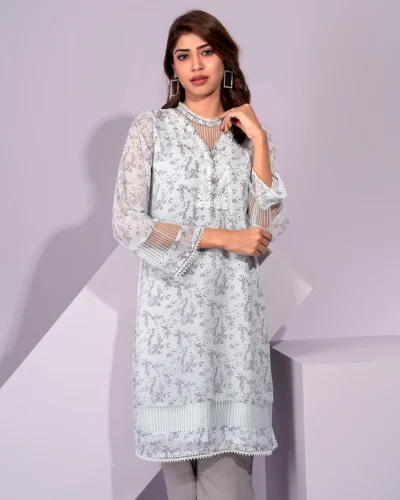Female Round-Neck Lace & Details Long Kameez | Sea Green