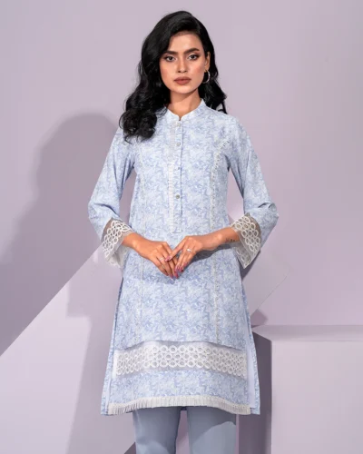 Female Front Placket Contrast Ruffle Short Kamiz | Placid Blue