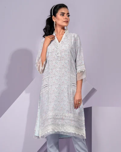 Female V- Neck Lace & Details Long Kamiz | Light Sky