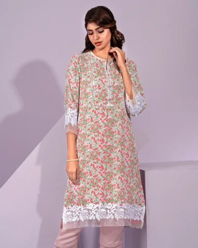 Female Round- Neck Lace & Details Long Kamiz | Pale Pink