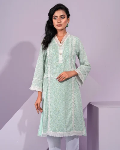 Female Contrast Ruffle With Lace Details Short Kameez | Aqua Mint