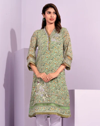 Female Front Part Hand Embroidery Work With Lace Details Long Kamiz | Sage Green