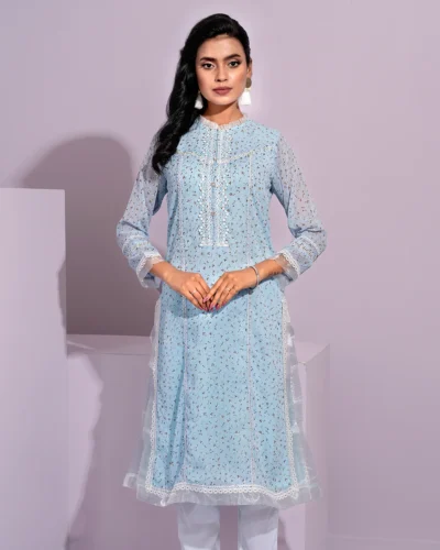 Female Front Yoke Lace Details Long Kamiz | Powder Blue