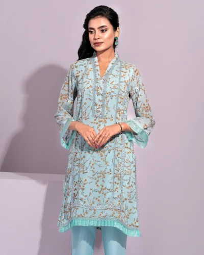 Female Princessline Lace Details & Hand Embroidery Work Short Kamiz | Sky Blue