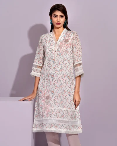 Female Front Part Hand Embroidery Work With Lace Details Long Kamiz | White