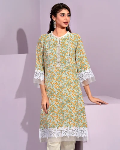 Female Round- Neck Lace & Details Long Kamiz | Yellow Cream