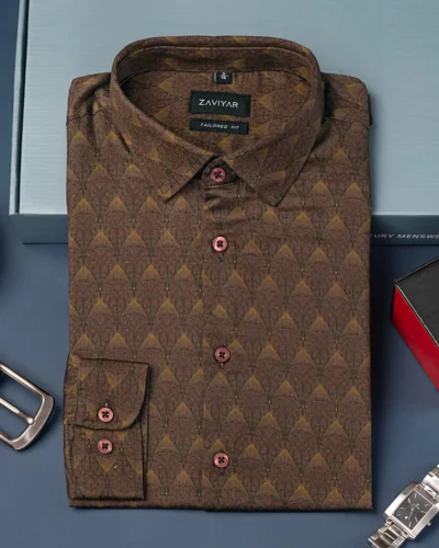 Printed cotton tie collar tailored fit woven shirt | Pecan