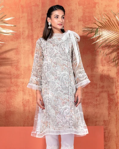 Round Neck With Tissue Tie Long Kameez | Off White Print