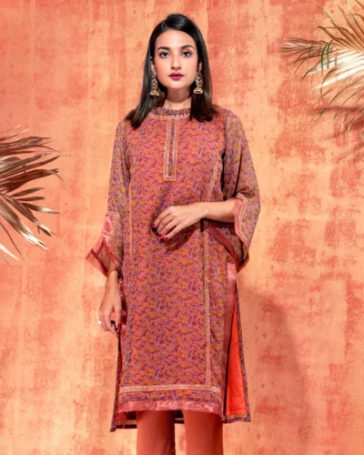 Ruffled Round-Neck Short Kameez With Lace | Brick Red