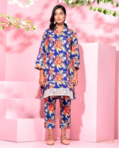 Female Band Collar With Lace Details co-ord set by AMNA | Blue Sapphire