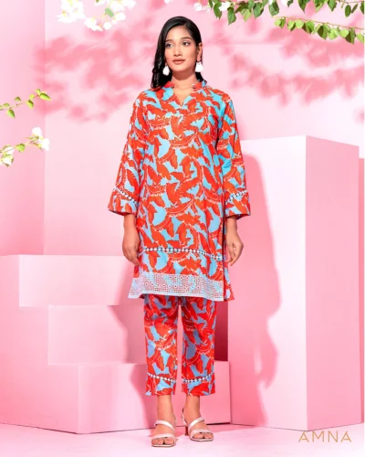 Female Band Collar With Lace Details co-ord set by AMNA | Salmon Orange