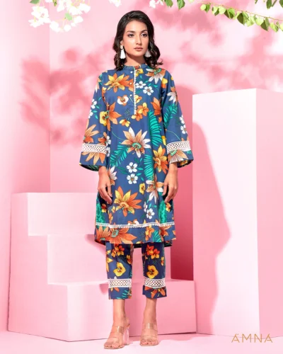 Printed cotton co-ord kurta and bottom set by AMNA | Berry Blue