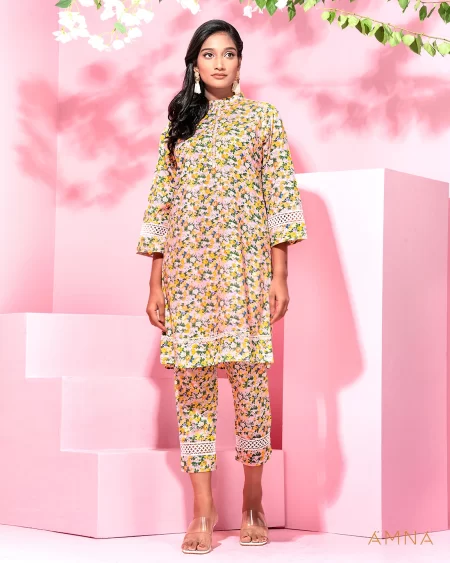 Printed cotton co-ord kurta and bottom set by AMNA | Baby Pink