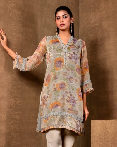 Ruffle V-Neck Short Kameez | Cool Gray