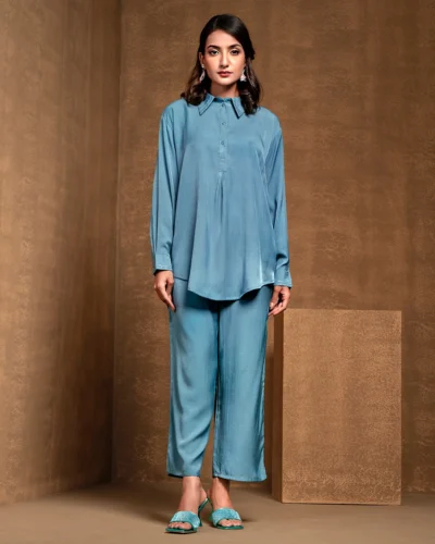 Female Wide Shirt Collar With Wide Hem Bottom Co-Ord Set | Maui Blue