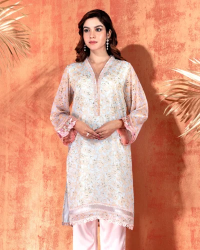 Printed V-Neck Short Kameez | Arctic Blue