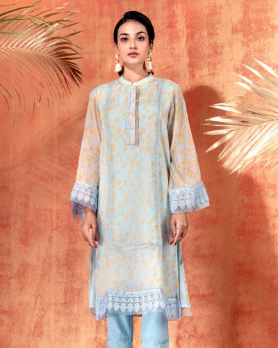 Printed Band Collar Long Kameez | Arctic Blue