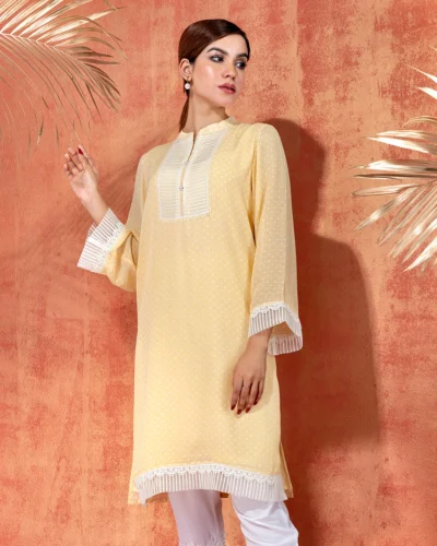 Bend Collar Long Kameez With Lace Details | Yellow Cream